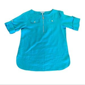 Ellen Tracy Linen tunic in teal with convertible sleeves and quarter zip…